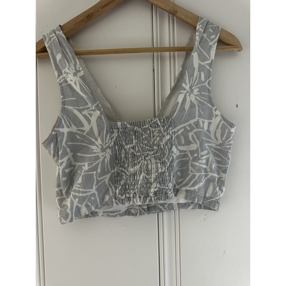 Madewell Women's Linen Blend Crop Top Size 2 Blue Gray Floral Button Front Tank - Picture 2 of 8